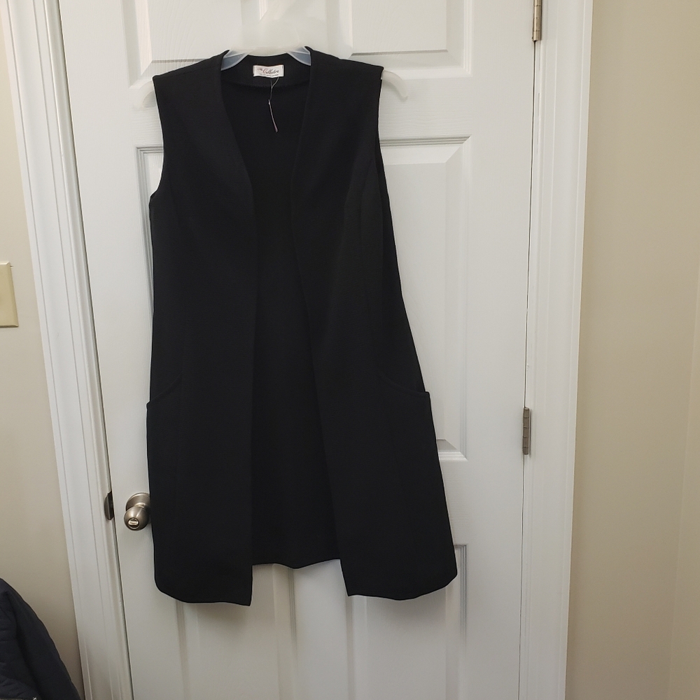 The Collection, black open front, textured, long sleeveless vest cardigan, LG - Picture 2 of 16